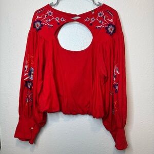 Free People Lita Pullover Blouse Embroidered Flowers Cut Out Boho Top Size Small